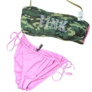 Y2K Victoria's Secret PINK Camo Rhinestone Bandeau Bikini Set Green Pink L M